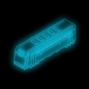 Glowing blue wireframe passenger train on black background Stock Illustration