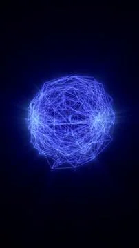 Glowing blue wireframe sphere on a dark background, representing abstract n.. Stock Photos