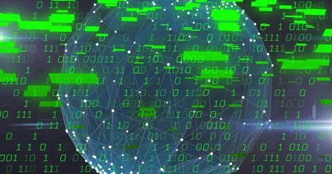 Glowing blue wireframe sphere floating in cyberspace with neon binary, white Stock Illustration