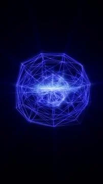 Glowing blue wireframe sphere with interconnected geometric lines and a bri.. Illustrazione stock