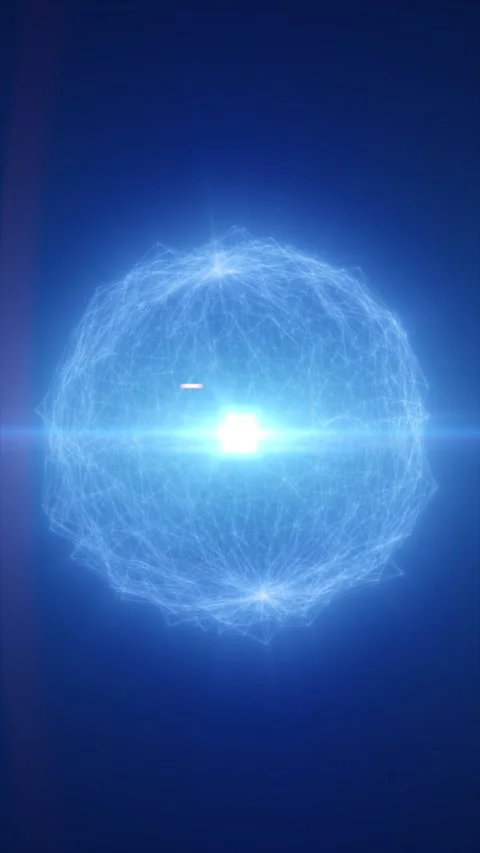 Glowing blue wireframe sphere surrounds a brilliant central core, represent.. Stock Footage 337957786