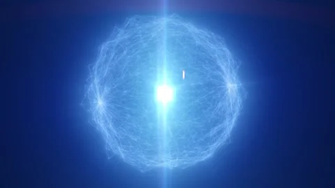 Glowing blue wireframe sphere surrounds a brilliant central core Stock Footage 341398778