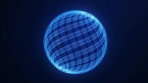 Glowing blue wireframe sphere with woven digital lattice on dark background.. Illustrazione stock