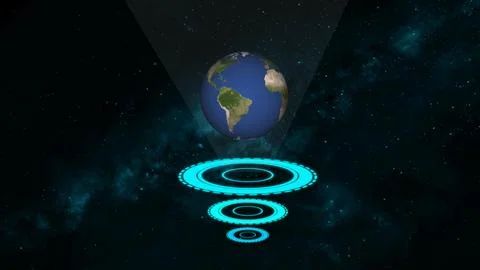Glowing blue world map above concentric circles on a starry space background. Ilustração Stock