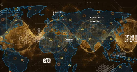 Glowing blue world map emerging from left, pulsing golden wave driving flat Stock Footage 315789899