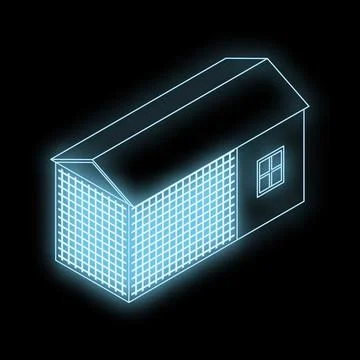 Glowing blueprint of a tiny house showing wireframe and solid walls Stock Illustration