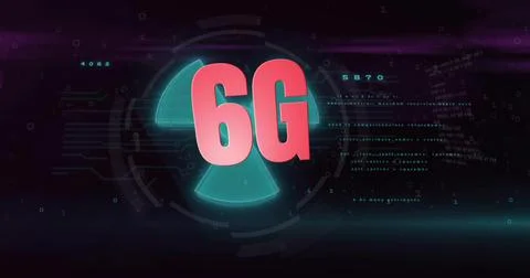 Glowing bold 6G lettering hovering over virtual HUD, with teal segmented circ イラスト素材