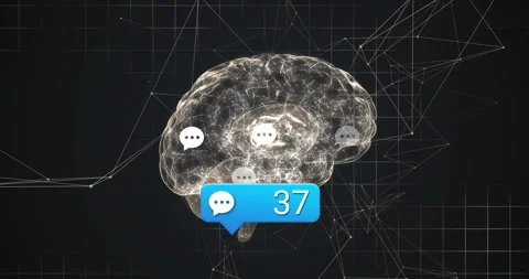 Glowing brain appearing on grid, counter updating to 77 chat icons multiplying Stock Footage 314717087