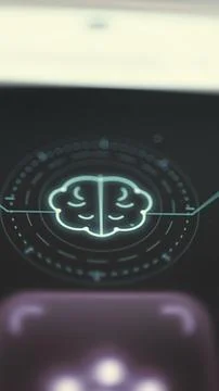 Glowing brain emblem with connected interface elements visualizes AI Stock Photos