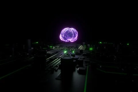 Glowing brain floating over electronic circuit board. 3d render Stock Illustration