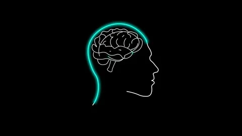 Glowing Brain in man Head Outline Animation on black background. Intelligen.. Stock Footage 305672450