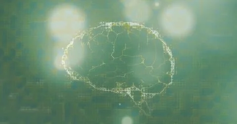 Glowing brain network pulsing in digital data over green-teal grid, with Stock Illustration