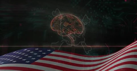 Glowing brain pulsing with microchip on dark motherboard, showing waving 스톡 일러스트