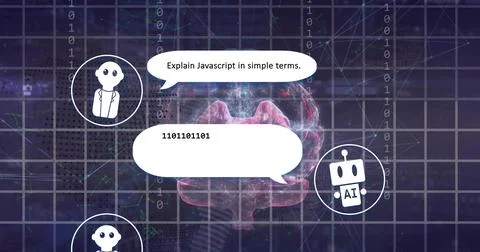 Glowing brain streaming binary at dashboard, showing two avatars one jacketed Foto stock