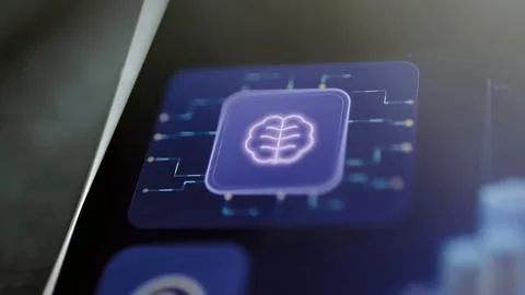 Glowing brain symbol on processor tile Stock Photos
