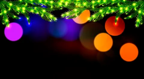 Glowing branches of a Christmas tree on a dark background bokeh Stock Illustration
