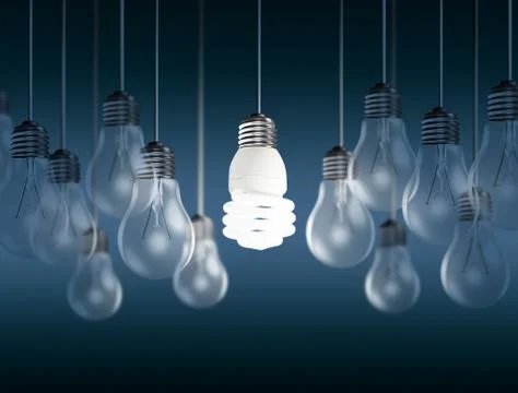 Glowing bright light bulb among others, different and leadership concept Stock Illustration