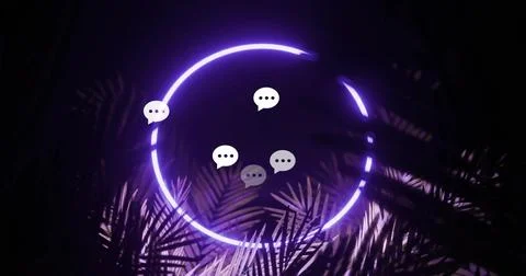 Glowing broken neon purple ring emitting light in studio, with white chat Stock Illustration