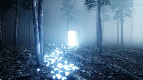 Glowing butterflies in fog night forest. Light portal door. Mistic and magic Stock Footage