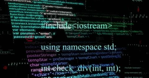 Glowing C++ code lines occupying center of screen, showing binary digits and 스톡 일러스트