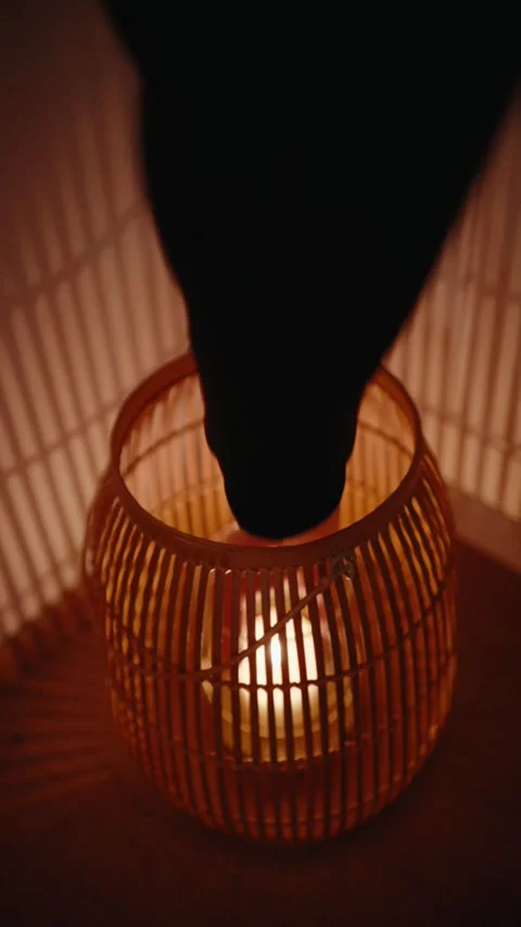 Glowing Candle Inside Bamboo Rattan Lantern Warm Atmosphere Stock Footage 337448065