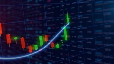 Glowing Candlestick Chart with Ascending Trend Line Stock Footage 336478545