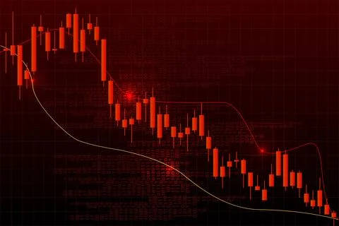 Glowing candlestick chart showing long red trend downward, reflecting tech Stock Illustration