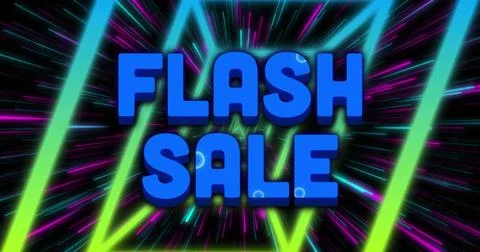 Glowing centered 3D blue FLASH SALE letters pulsing on futuristic neon banner, Ilustração Stock