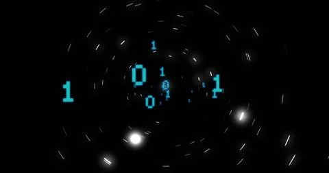 Glowing centered cyan binary cluster pulsing through data tunnel, with pixel Stock Photos