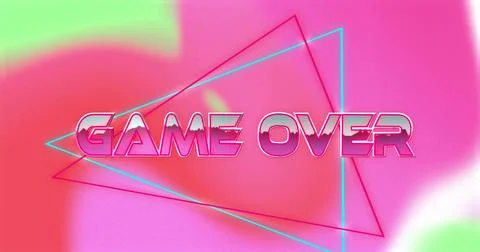 Glowing centered GAME OVER text filling synthwave art, showing neon triangles Stock Illustration