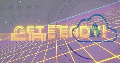 Glowing centered GET READY! text and cloud emblem pulsing across synthwave grid, Stock Illustration