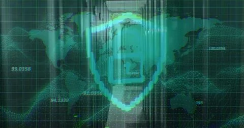 Glowing centered pixel shield overlaying datacenter corridor, with world map  Illustrazione stock