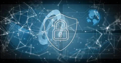 Glowing centered shield icon hovering over digital dashboard, showing padlock, Stock Illustration
