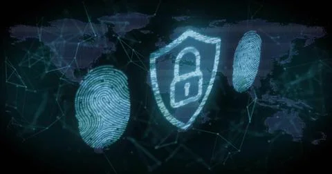 Glowing centered shield showing padlock, glowing cyan in security dashboard with Stock Illustration