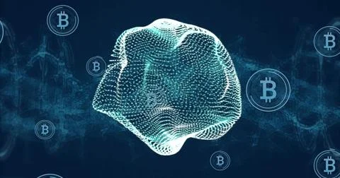 Glowing central 3D point-cloud mesh undulating and rotating in virtual network, イラスト素材