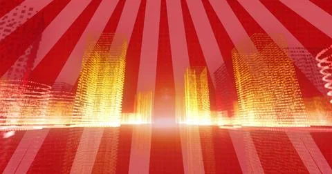 Glowing central abstract skyline rising in digital scene from bright horizon Ilustración de archivo