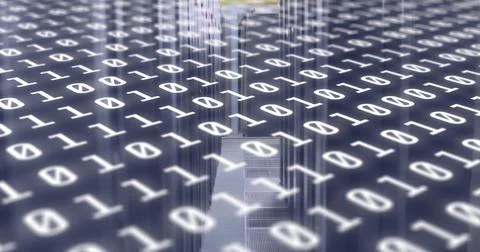 Glowing central aisle showcasing blinking server racks in data center, with Stock Illustration
