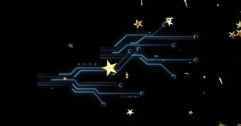 Glowing central blue circuitry branching across black field with golden star Stock Illustration