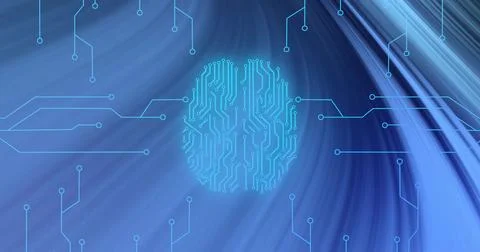 Glowing central brain-shaped circuit pattern pulsing in abstract digital Stockillustratie