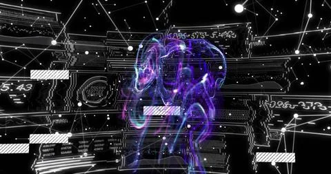 Glowing central brain-shaped nebula floating in virtual 3D space, with node Illustrazione stock