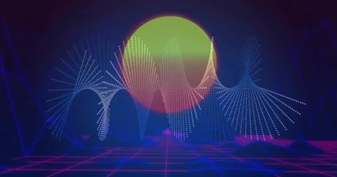 Glowing central circular disk casting halo over retro-futuristic grid plane, Stock Illustration