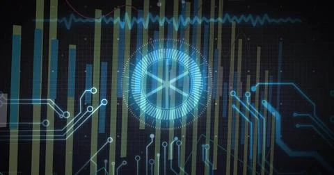 Glowing central circular HUD rotating inside cyber dashboard, showing bar cha Stock Illustration