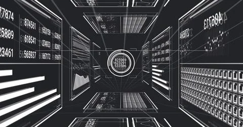 Glowing central circular HUD showing three stacked numeric readouts in virtual Stock Illustration