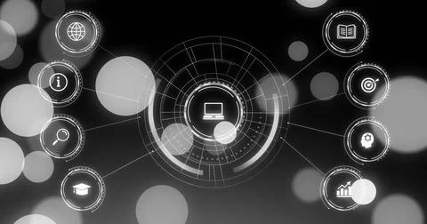 Glowing central circular interface containing laptop icon on dark backdrop with Stock Photos