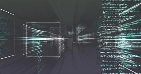 Glowing central clear code frame displaying teal and white code lines in data Stock Photos