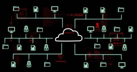Glowing central cloud icon streaming neon lines across network grid, showing Stockillustratie