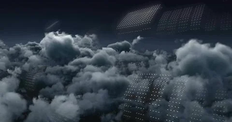 Glowing central clouds revealing grid of lit arrays within dense night sky, with Stock Photos