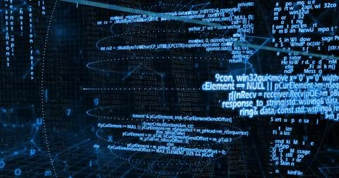 Glowing central cluster of floating code panels pulsing inside 3D tunnel, with Stock Photos