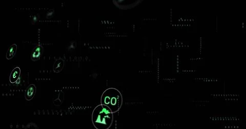 Glowing central CO2 token hovering over dark digital canvas, with euro and Stock Illustration