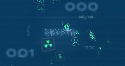 Glowing central CRYPTO text hovering on virtual dashboard, with floating icons Stock Illustration